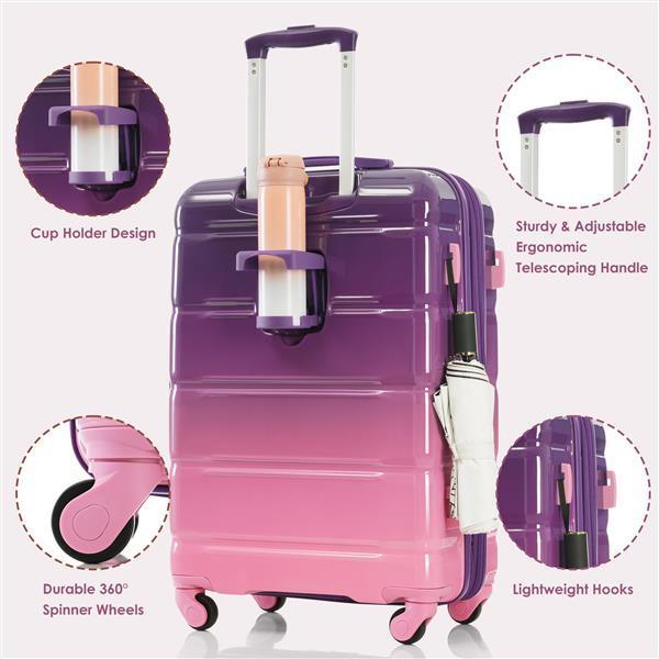 Luggage Set Of 3, 20-inch With USB Port, Airline Certified Carry-on Luggage With Cup Holder, ABS,PC Hard Shell Luggage With Spinner Wheels, Purple And Pink - Image 6