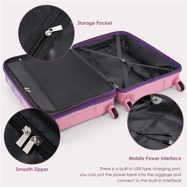 Luggage Set Of 3, 20-inch With USB Port, Airline Certified Carry-on Luggage With Cup Holder, ABS,PC Hard Shell Luggage With Spinner Wheels, Purple And Pink - Image 3