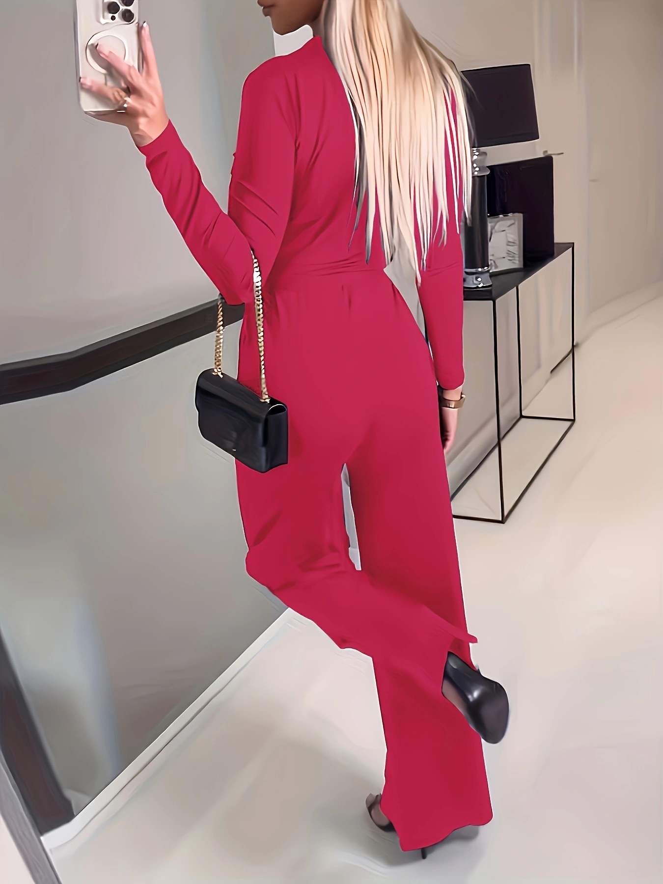 Women's Solid V-neck Bow Tie Waist Slimming Fashion Jumpsuit - Image 2