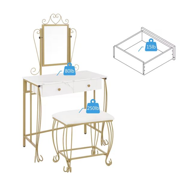Vanity Table Set With Mirror & Stool,White Makeup Dressing Desk With Drawers For Girls,Women,Bedroom,Gift - Image 6