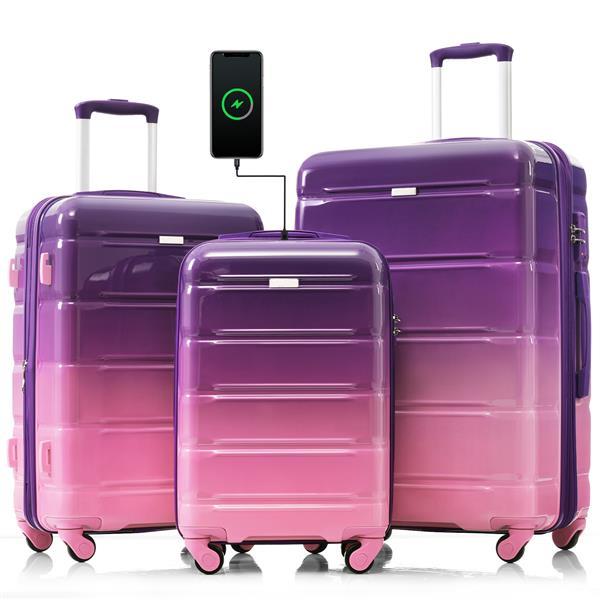 Luggage Set Of 3, 20-inch With USB Port, Airline Certified Carry-on Luggage With Cup Holder, ABS,PC Hard Shell Luggage With Spinner Wheels, Purple And Pink - Image 5