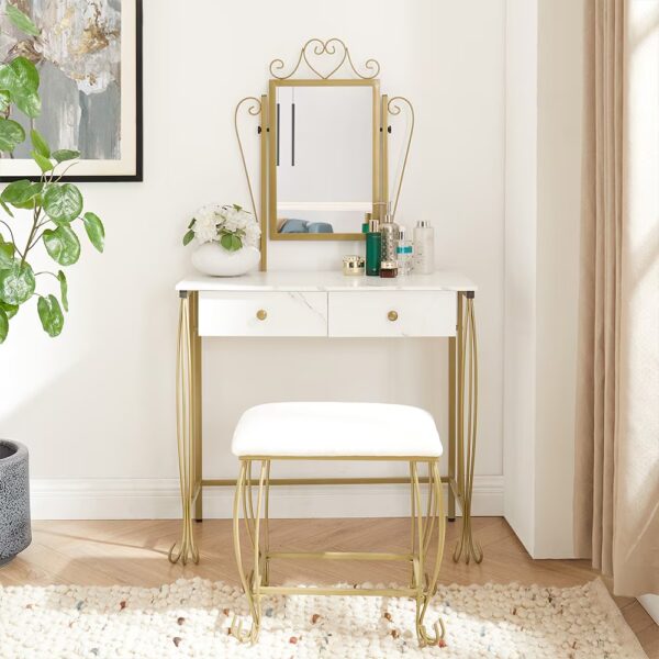 Vanity Table Set With Mirror & Stool,White Makeup Dressing Desk With Drawers For Girls,Women,Bedroom,Gift - Image 5